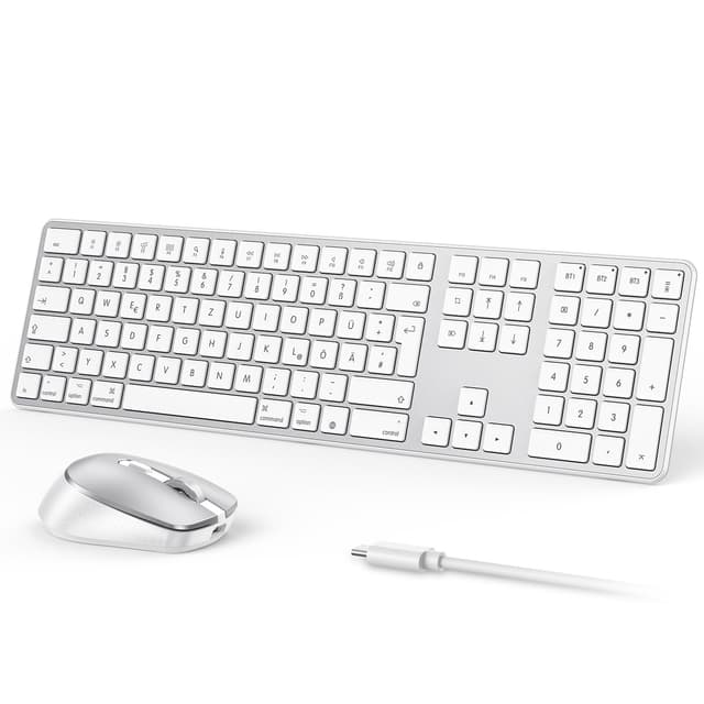OMOTON Mac Tastatur Maus Set Kabellose für MacBook Air/Pro/iMac/iMac Pro/Mac mini, Bluetooth Funktastatur QWERTZ mit Maus Wiederaufladbar, Multi-Gerät, Ergonomisch, Leises Tippen, DE Layout