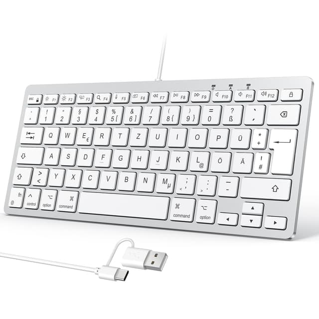 OMOTON Kabelgebundene-Mac-Tastatur, Tastatur Kabel mit Dualem Anschluss (Type C/USB), Flüsterleise Tasten & Stabiler Verbindung, Deutsches Layout (QWERTZ) kompatibel mit MacBook, iMac, Mac mini DE-Layout