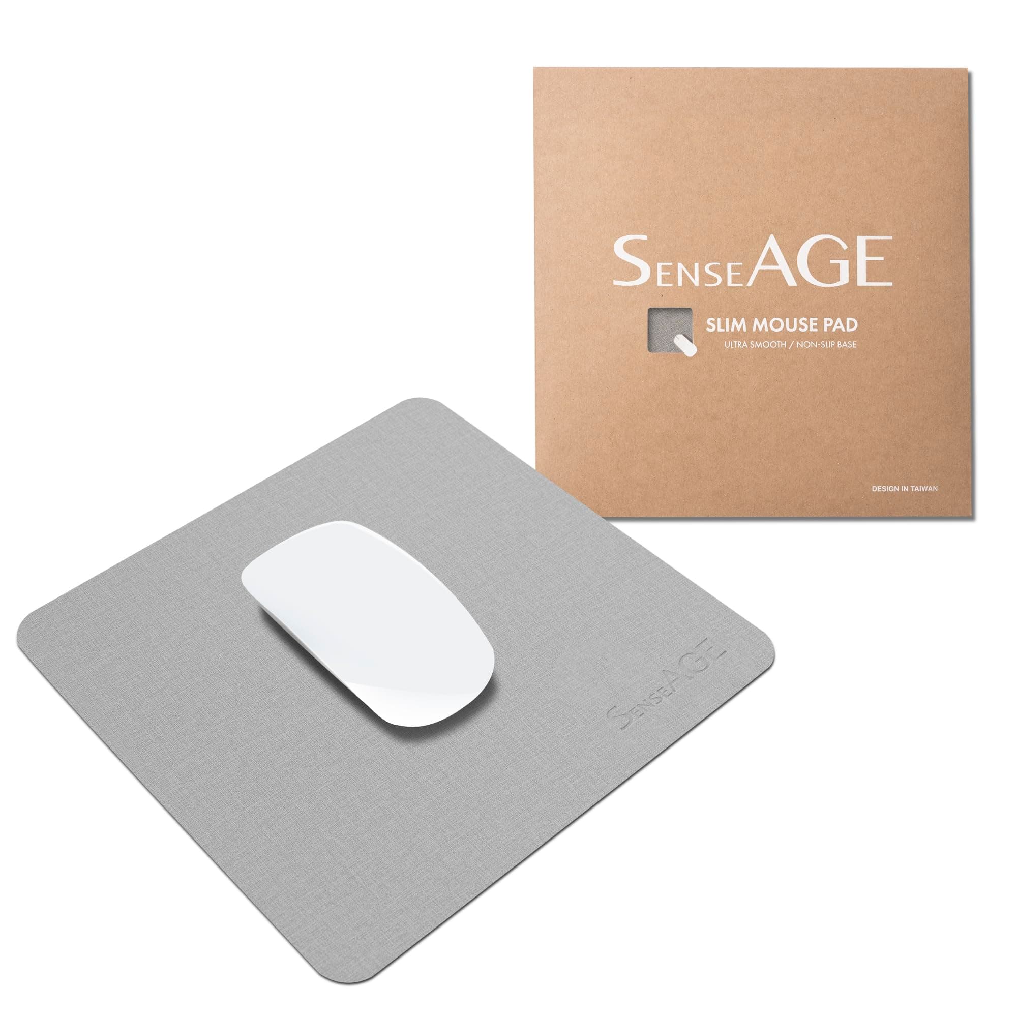 SenseAGE klein Mauspad 22x22cm | 0.2cm Ultradünnes Mousepad | Unterlage für Laser-/Kabel/Kabellos Maus | klein Mouse Mat ideal für Büro und Homeoffice | Slim Mausmatte (Hellgrau (mit Logo))