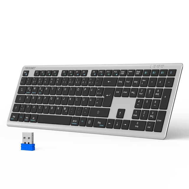 TECKNET Bluetooth Tastatur Kabellose, Wiederaufladbare Multi-Device Wireless Keyboard mit Einfacher bis zu 4 Geräte, Ultraflache, Deutsches Layout (QWERTZ), für Mac, Windows, iOS, Chrome OS Silber