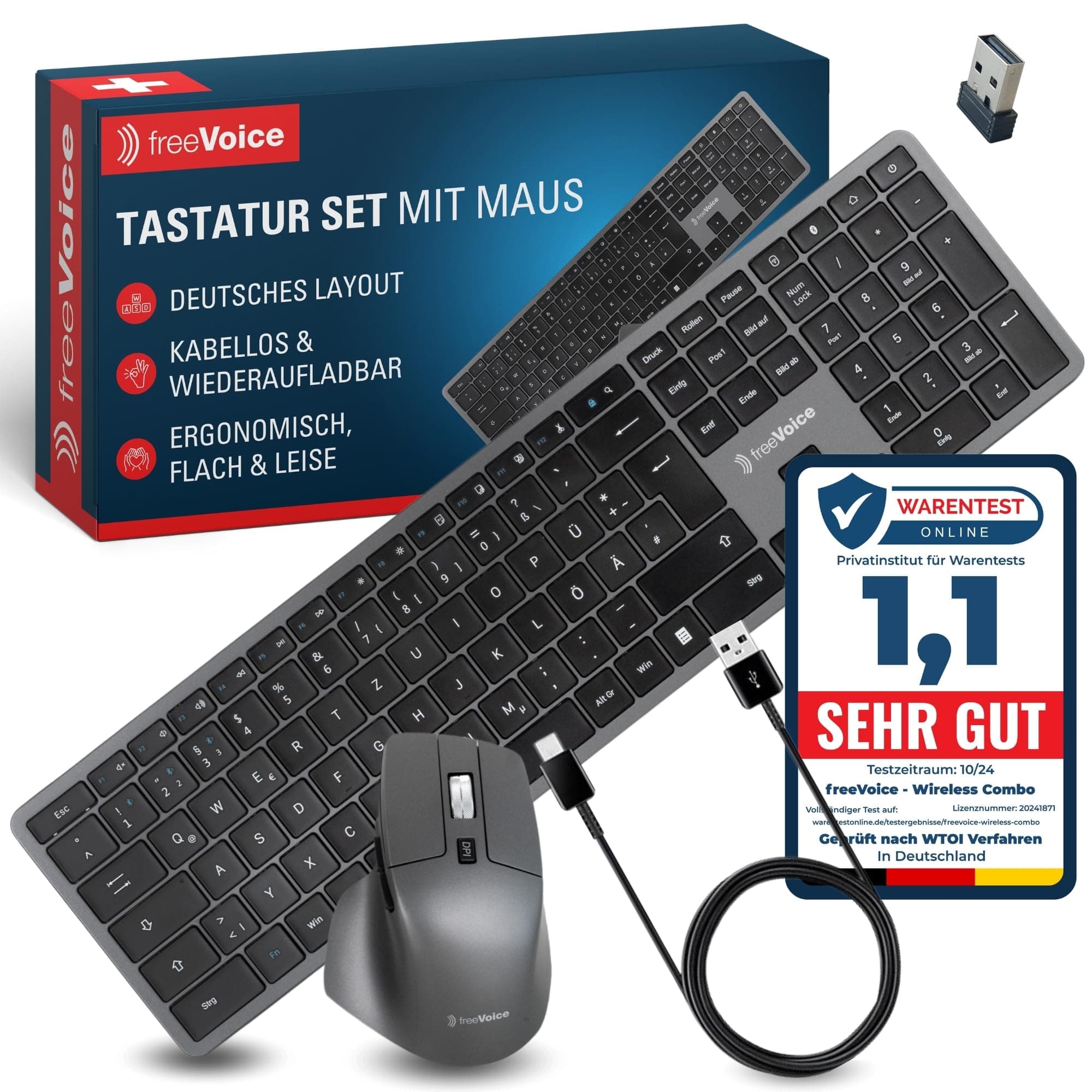 freeVoice Tastatur Maus Set kabellos & wiederaufladbar I Leise Bluetooth Tastatur mit deutschem Layout I Flaches Keyboard inkl. Funkmaus für PC, Laptop, Büro & Home-Office Wireless Keyboard Tastatur Set inkl. Maus