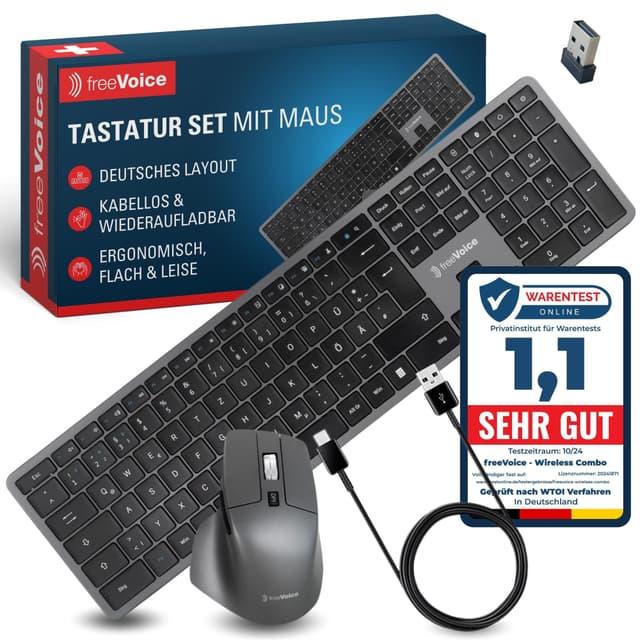 freeVoice Tastatur Maus Set kabellos & wiederaufladbar I Leise Bluetooth Tastatur mit deutschem Layout I Flaches Keyboard inkl. Funkmaus für PC, Laptop, Büro & Home-Office Wireless Keyboard Tastatur Set inkl. Maus