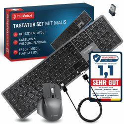 freeVoice Tastatur Maus Set kabellos & wiederaufladbar I Leise Bluetooth Tastatur mit deutschem Layout I Flaches Keyboard inkl. Funkmaus für PC, Laptop, Büro & Home-Office Wireless Keyboard Tastatur Set inkl. Maus Angebot bei HelloDeals