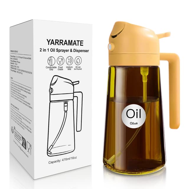 YARRAMATE 470ml lichtblockierender dunkler Ölsprüher zum Kochen, 2-in-1 UV Schutz ölzerstäuber für die Küche, Bernstein Glasölflasche, Lebensmittelechter Sprühflasche für die BBQ (Orange) Orange Die Amber