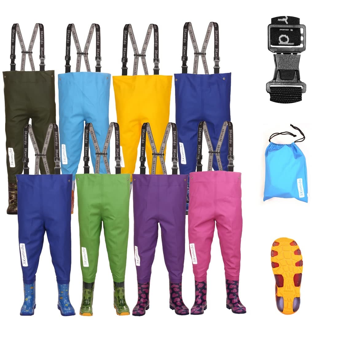 3Kamido Kinderwathose, Jugendliche Kinder Brust Wathose - 10 Modelle, verstellbare Taille, strapazierfähige Hosenträger, Schnalle Nexus, Kinder Angeln Stiefel 20 – 35 EU 34-35 Moro Grün