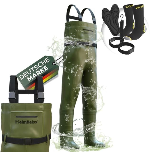 Heimfleiss® Wathose Herren Wasserdicht mit Stiefel | Unisex Nylon Anglerhose inkl. Zubehör | rutschfeste Fischerhose zum Angeln oder zur Teichreinigung | Wader Watthose Teichhose Angelhose Schuhgröße 45 Grün