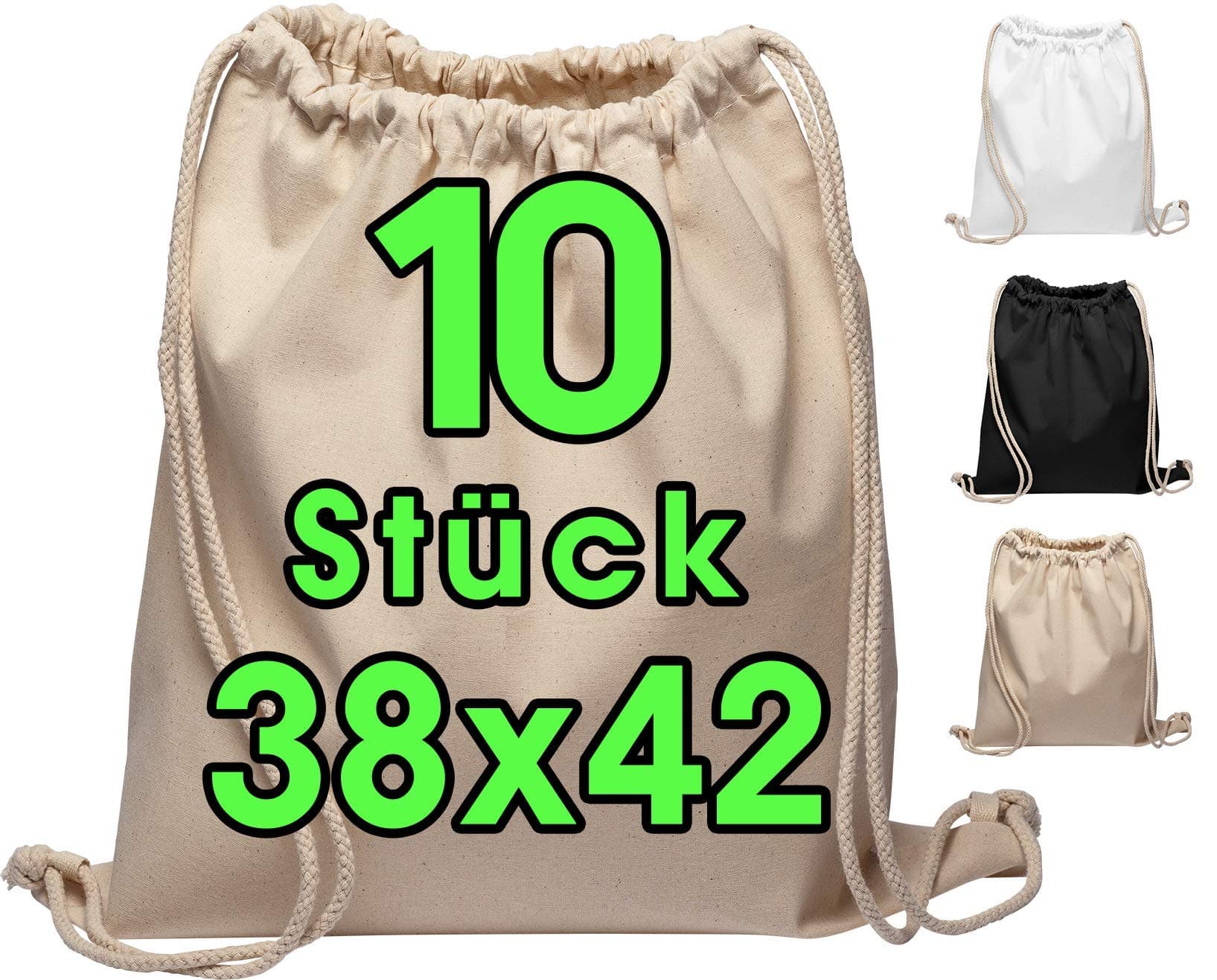 Baumwollbeutel - Turnbeutel 10 Stück 38x42 cm Sportbeutel mit Kordel - Rucksack, Beutel, Jutebeutel Oeko-TEX® geprüft Stoffbeutel Damen & Herren, Kinder - Gym Bag, blanko zum bemalen für Sport & Reise Natur