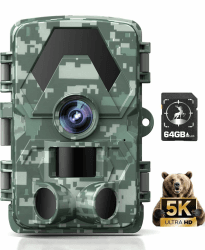 Wildkamera, 5K 60MP Wildtierkamera mit 98FT 130 Weitwinkel, 0,05s Auslösezeit Nachtsicht Bewegungssensor Jagdkamera, IP66 Wasserdicht, kein Glühen Infrarot-LEDs für Garten mit 64GB Speicherkarte Angebot bei HelloDeals
