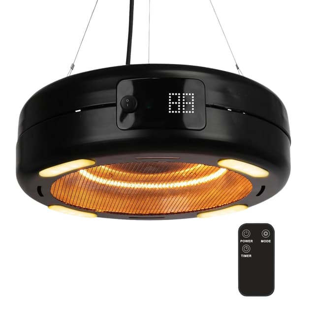 Home It® Hängender Terrassenheizer mit Carbonröhre und LED-Beleuchtung – 1500W, 3 Heizstufen, Fernbedienung, 24h Timer, IP34 Spritzwassergeschützt, Aluminium, 450mm Durchmesser
