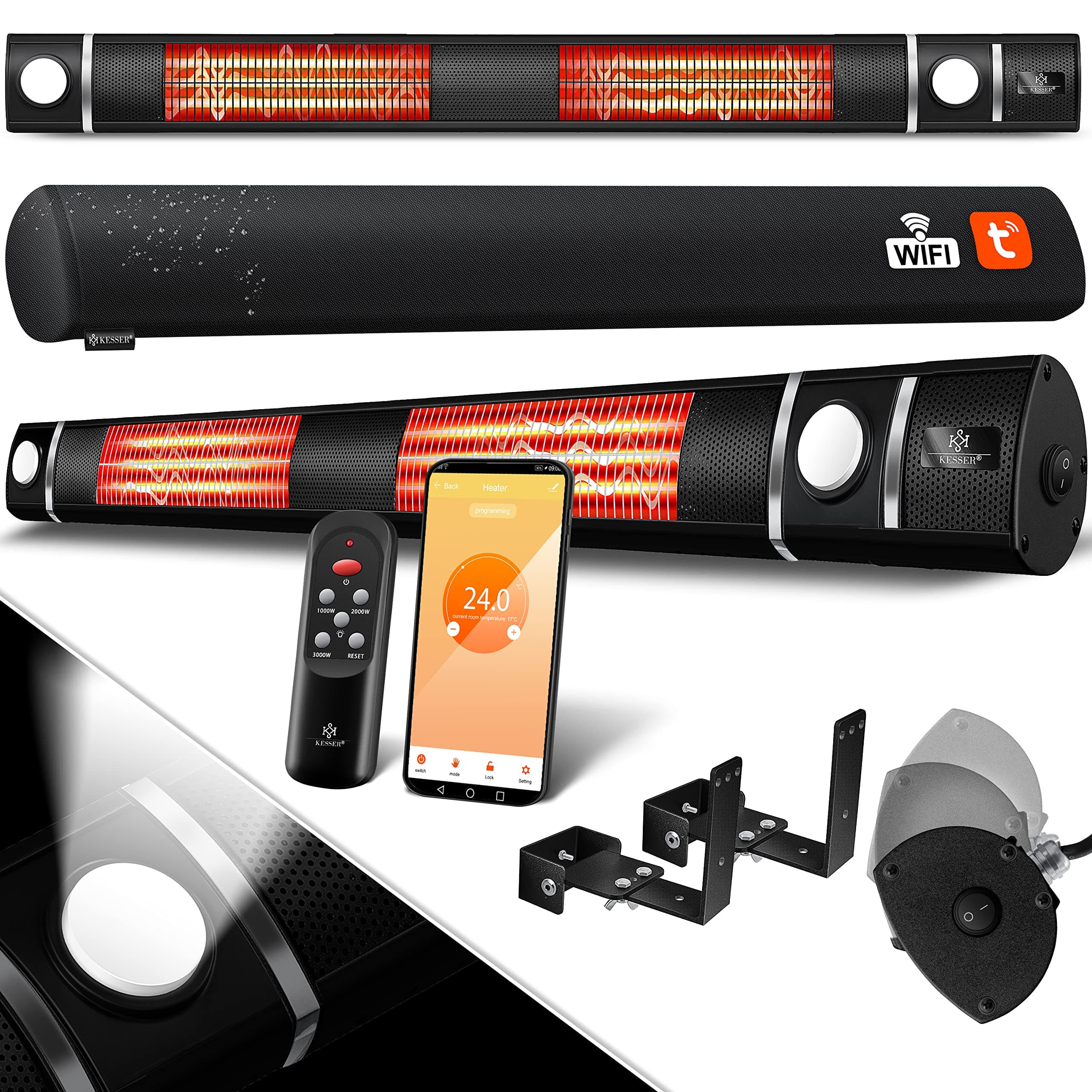 KESSER® Infrarot Heizstrahler 3000W IR-Gastro-Bar Inkl. LED Licht Terrassenstrahler Mit WiFi & Fernbedienung inkl. Schutzhülle Infrarotstrahler Quarzstrahler Terrassenheizer Schwarz