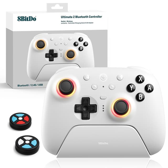 8bitdo Ultimate 2 Bluetooth Controller für Switch 2, Switch, Windows-PC, TMR-Joystick-Update, RGB-Feuerring, umschaltbare Hall-Effekt-Taktauslöser, Vibration, neu belegbare L4/R4/2-Rücktasten, Weiß