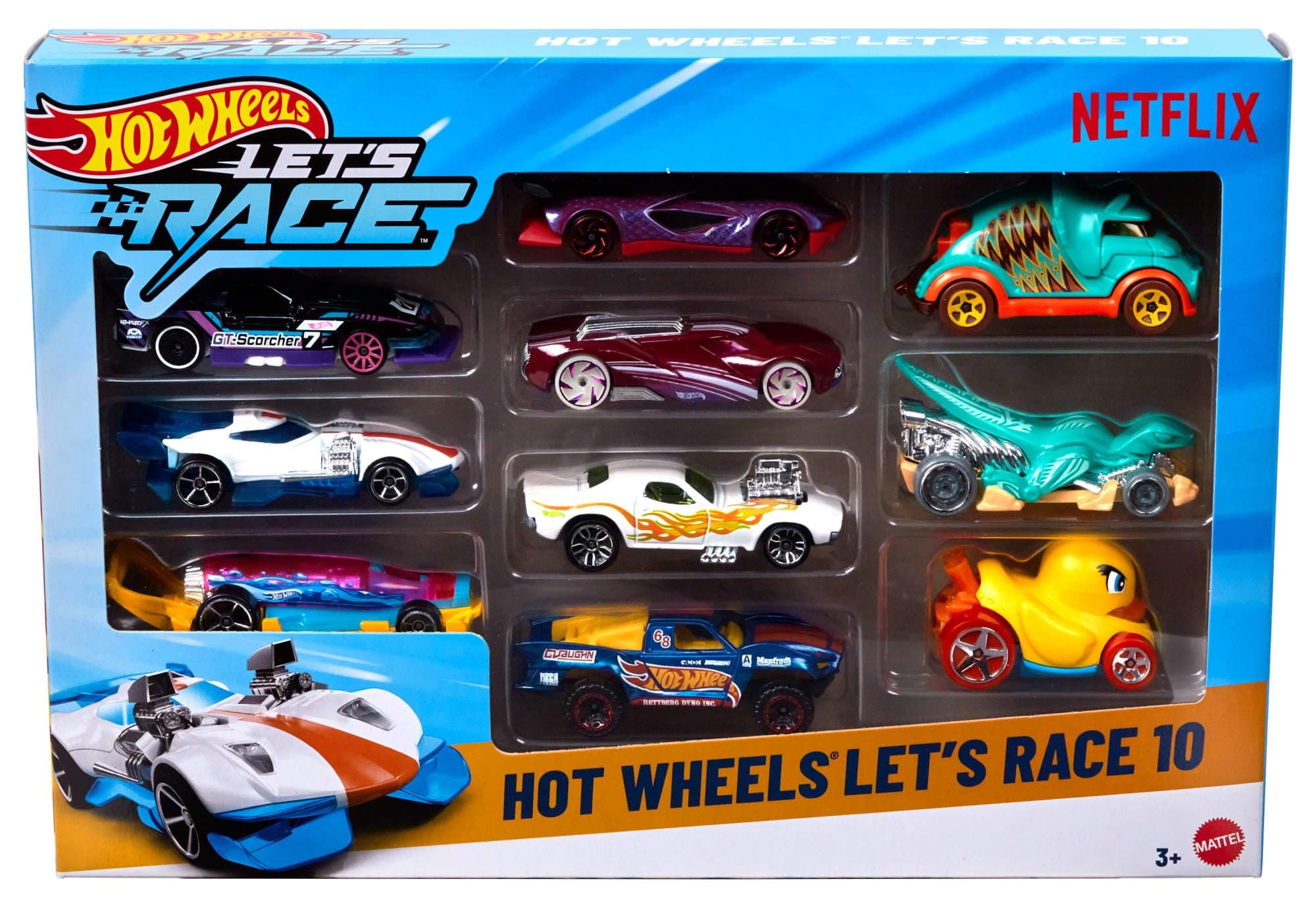 Hot Wheels Spielzeugautos und Spielzeugtrucks, Let’s Race 10er-Pack, Set mit 10 Fahrzeugen im Maßstab 1:64 aus der animierten Netflix-Serie zum Spielen oder Ausstellen (Stile können abweichen), JGN40 Let's Race 10-pack