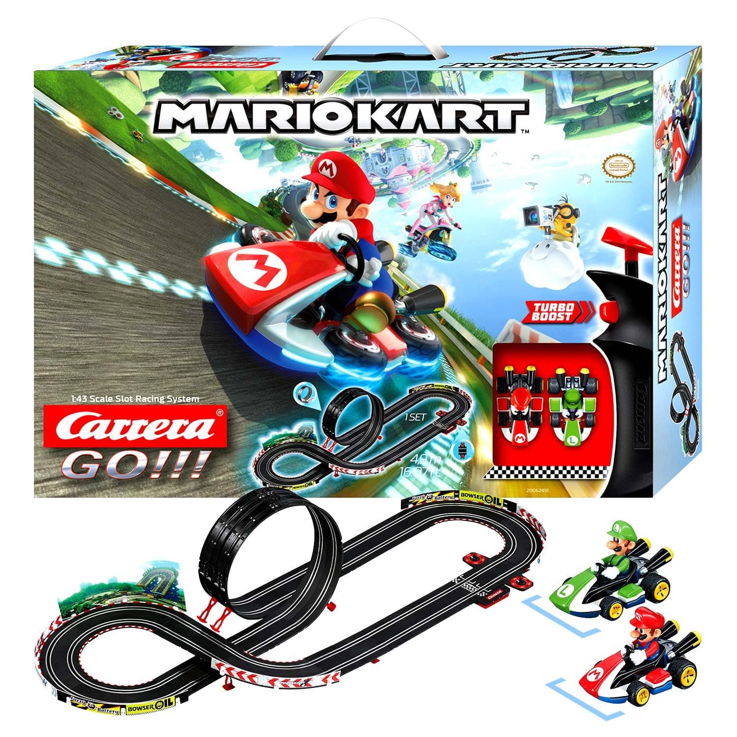 Carrera 20062491 GO!!! Nintendo Mario Kart 8 Rennstrecken-Set | 4,9m elektrische Carrerabahn mit Mario & Luigi Spielzeugautos | mit 2 Handreglern & Streckenteilen | Spielzeug für Kinder ab 6 Jahren Mario vs Luigi