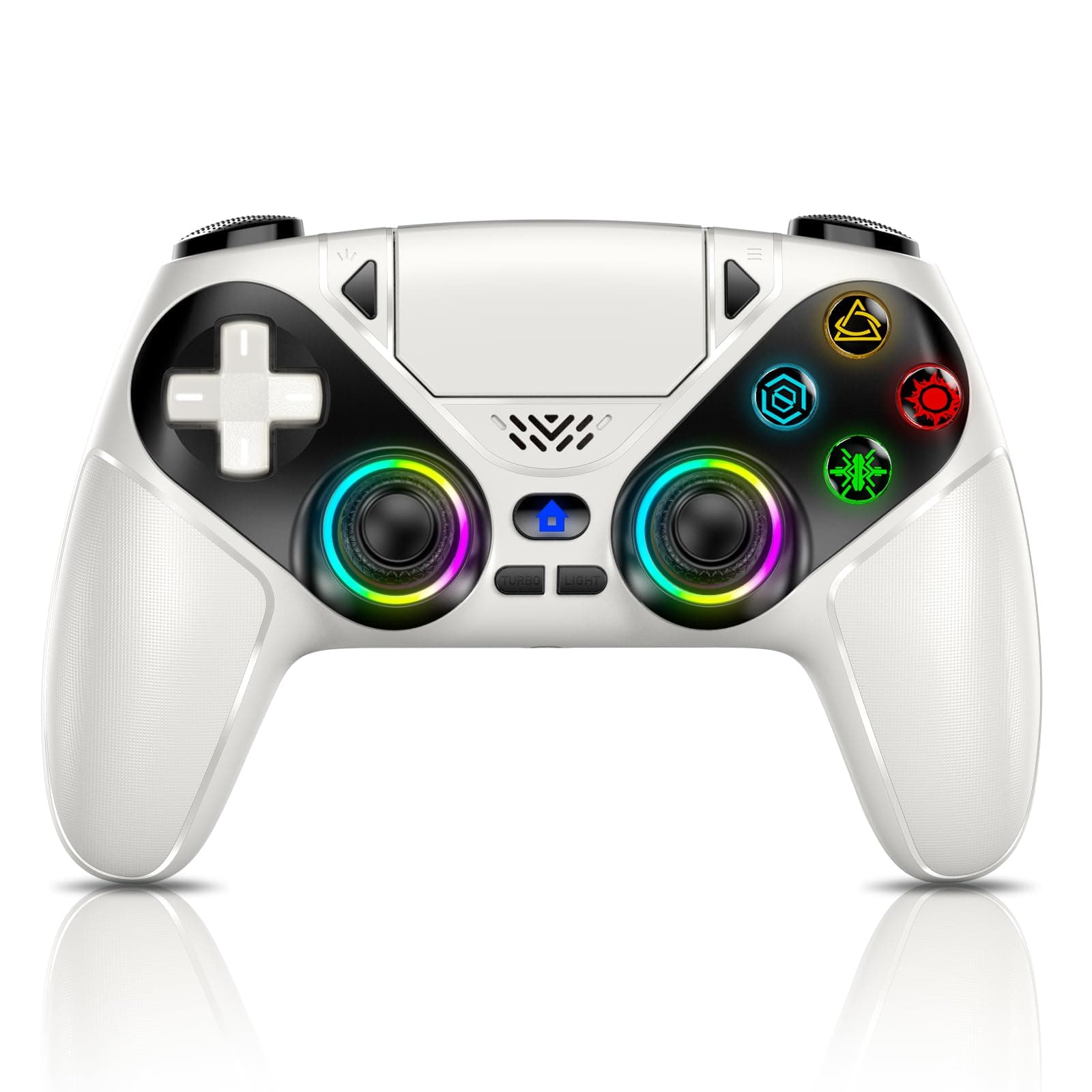 RGB Wireless Controller für PS5, Kompatibel mit PS5 Pro/Slim/PCs, Bluetooth Gamepad mit Rückenpaddel, 6-Achsen-Sensor, Dual-Vibration, 6-Achsen-Sensor, Turbo, Makro, 3,5mm Audio-Jack & Lautsprecher 01 Weiß