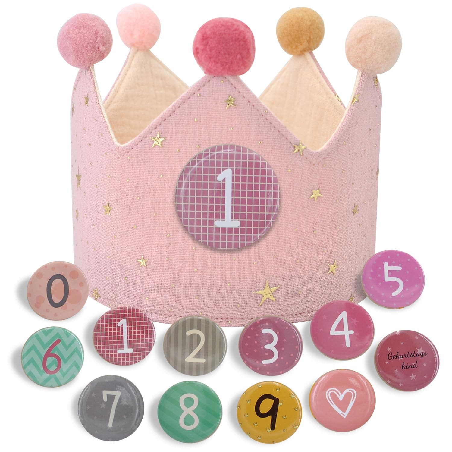 JOYUE Geburtstagskrone für Kinder, Geburtstagskrone aus Stoff mit Auswechselbaren Zahlen von 0-9, Unisex Krone für Kinder Geburtstag Party Supplies Rosa