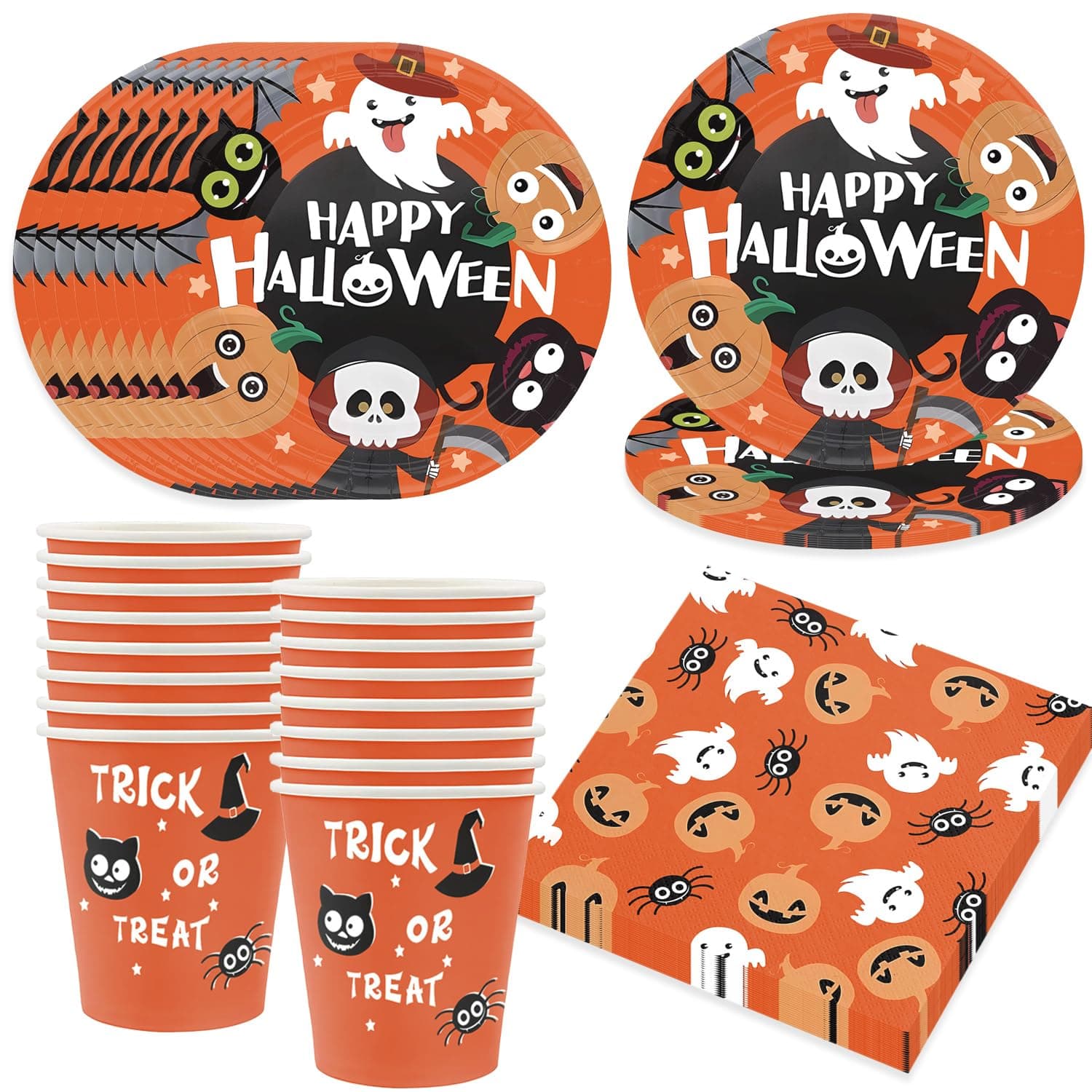 Bikasun Halloween Partygeschirr Set, 16 Gäste Halloween Party Geschirr Teller Set, Teller Becher Servietten Pappteller Party Deko für Kinder Halloween A