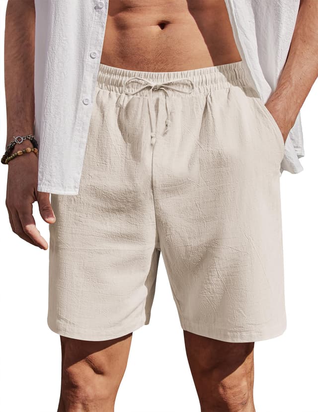 COOFANDY Herren Shorts Sommer Baumwolle Kurz Hosen mit Gummizug Leicht Sommershorts Freizeithose mit Taschen L Beige