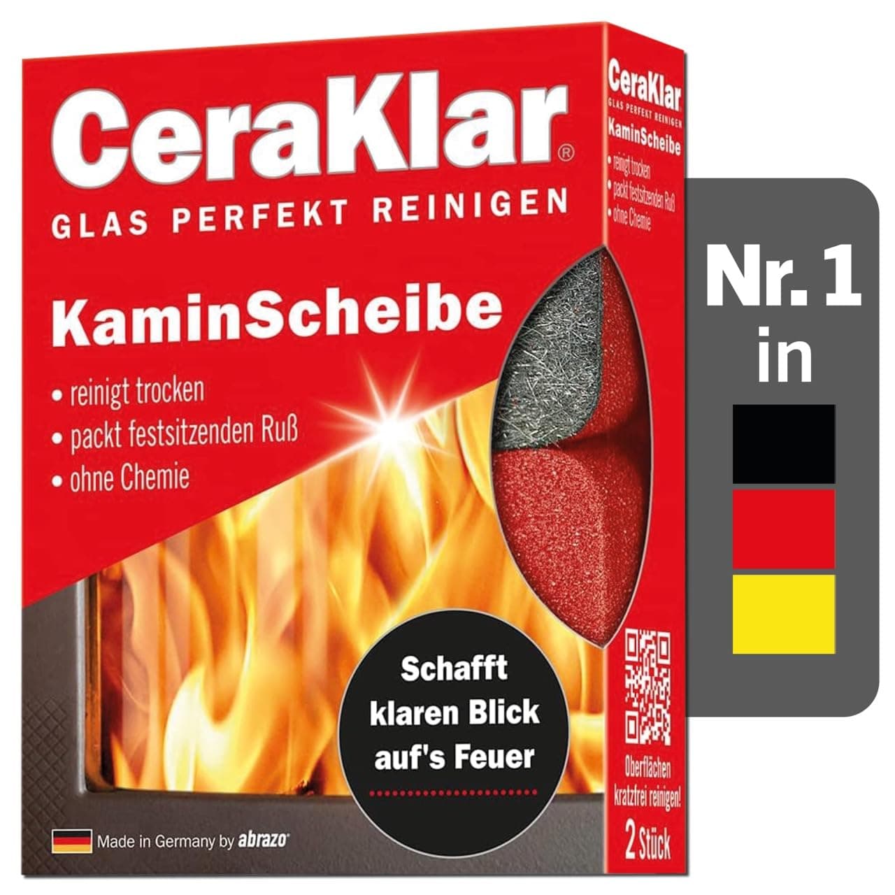 abrazo CeraKlar KaminScheibe - 2 Kaminscheibenreiniger für kratzfreie Kamin Scheibenreinigung ohne Chemie, Kaminglasreiniger, Kaminreiniger Scheibe Single