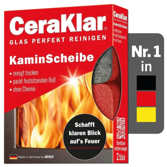 abrazo CeraKlar KaminScheibe - 2 Kaminscheibenreiniger für kratzfreie Kamin Scheibenreinigung ohne Chemie, Kaminglasreiniger, Kaminreiniger Scheibe Single
