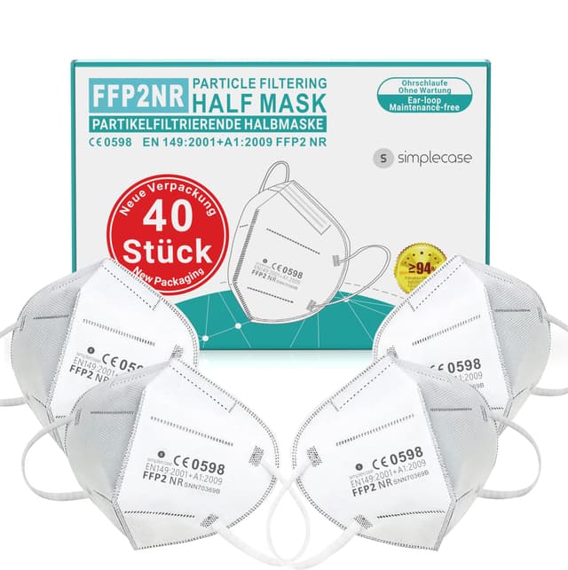 SIMPLECASE 40x FFP2 Maske, CE Zertifiziert von offiziell benannter Stelle CE 0598, Atemschutzmaske, Partikelfiltermaske 1 stück (40er Pack) Weiß