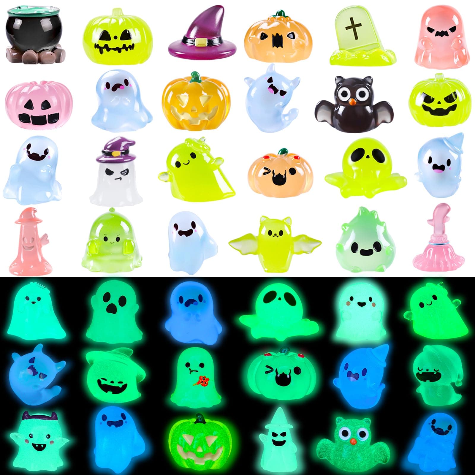 XIMISHOP 32 Stück Mini Halloween Leuchtende Harz Figuren, Miniatur Kleine Winzige Harzfiguren Verstecken Kunstharz Ornamente Kürbis Geist Schädel für Hausgartendekoration und Halloween Party Geschenk Bunte-leuchtende Angebot bei HelloDeals