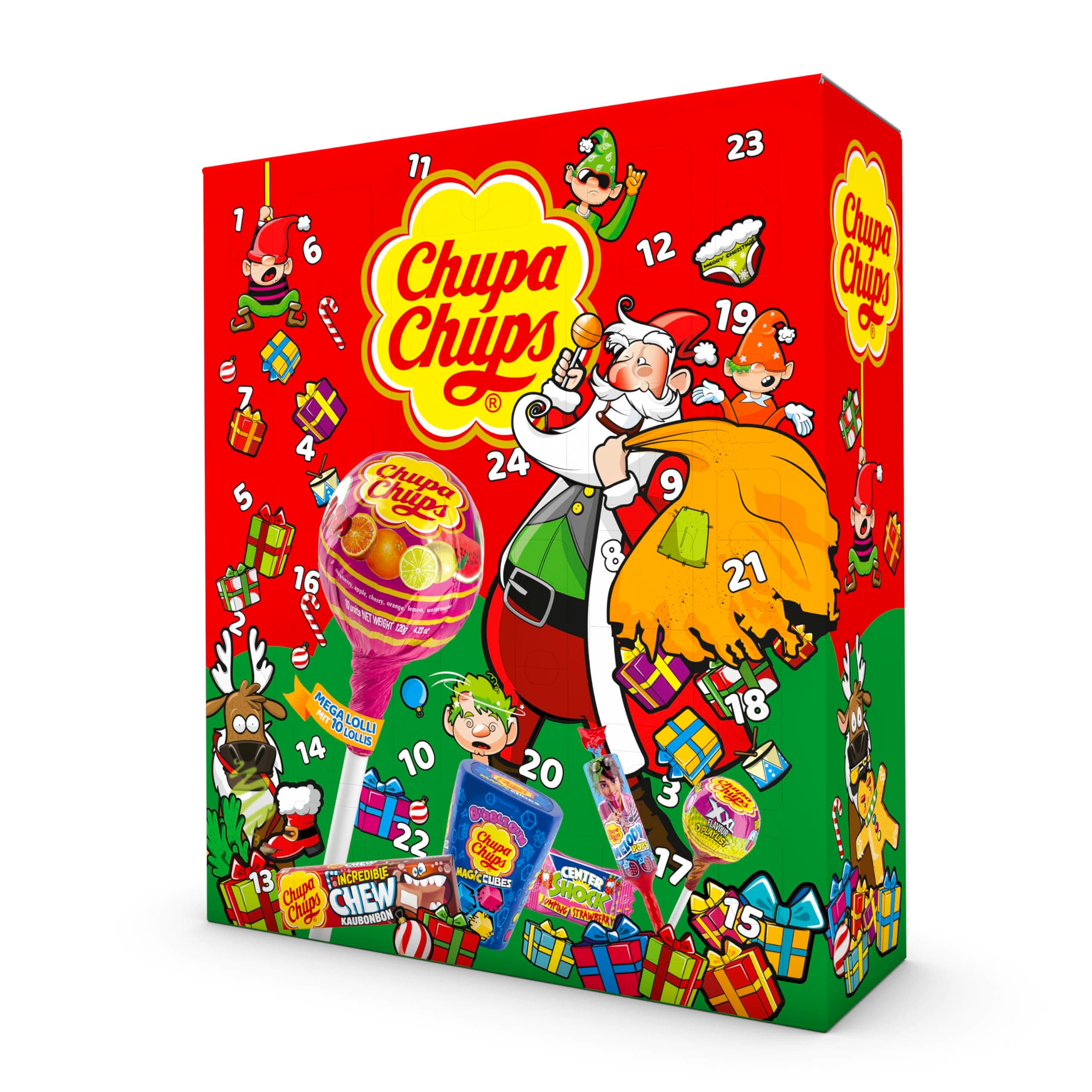 Chupa Chups XXL Adventskalender 2025, 24 Türchen mit einem Mix aus verschiedenen Lutscher- & Kaugummi-Sorten, Süßigkeiten Weihnachtskalender, 1x614g Angebot bei HelloDeals