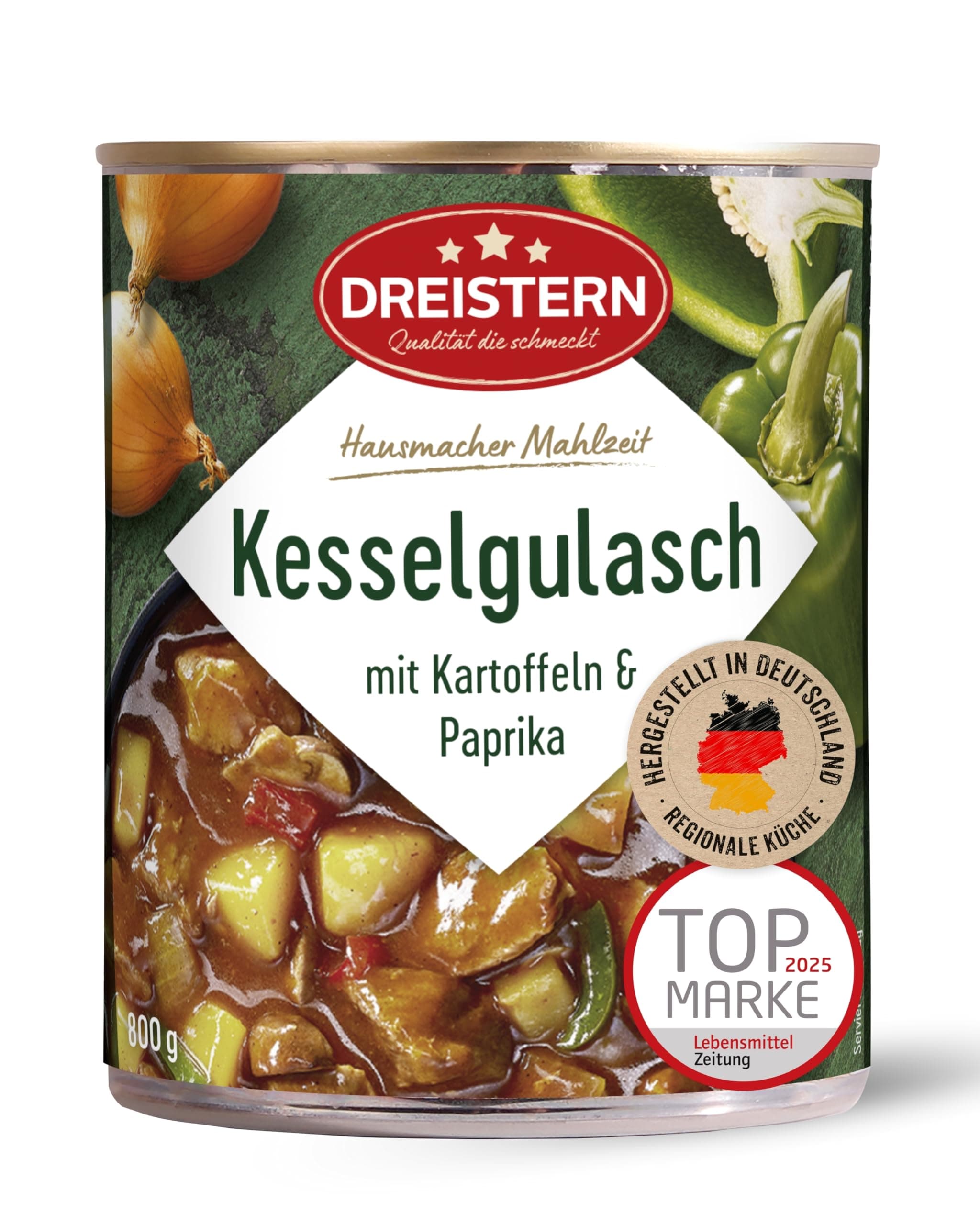 DREISTERN Kesselgulasch 800g I Mit Kartoffeln & Paprika I Herzhaftes Fertiggericht in recyclebarer Konservendose I Lange Haltbarkeit dank natürlicher Konservierung I Hausmacher Qualität 800 g (1er Pack) Angebot bei HelloDeals