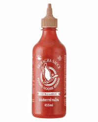 FLYING GOOSE Sriracha Chilisauce, mit extra Knoblauch, scharf, braune Kappe, scharfe Würzsauce aus Thailand, 1 x 455 ml