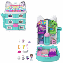 Schatulle von Polly Pocket x Gabby’s Dollhouse, Minipuppen und Spielset, 9 passende Zubehörteile, Tierfreunde Pandy Paws, Cakey, und Mercat, JFV02 Angebot bei HelloDeals