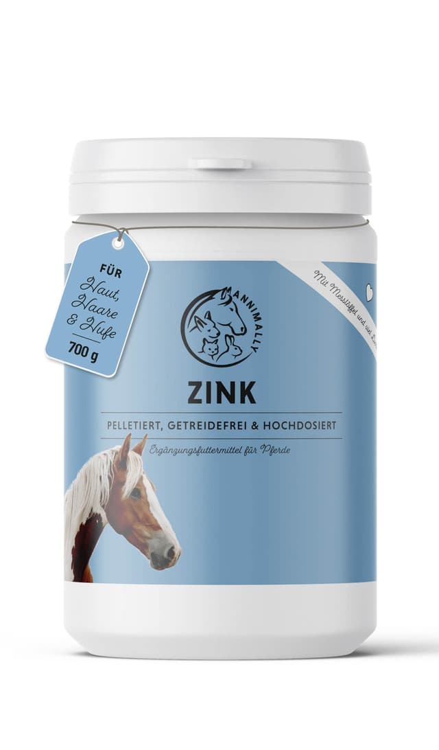 Annimally Zink für Pferde - Zink Pferd hochdosiert Pellets (700g) - Unterstützt beim Fellwechsel Pferd - Mit Schwarzkümmel, Zeolith und Bierhefe für Haut, Haare & Hufe - Spurenelemente Pferd 700 g