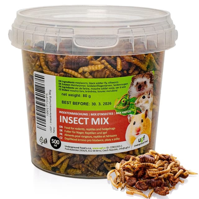 UGF - Insektenmischung, 500 Milliliter Eimer ≈ 80g, Igelfutter, Rennmausfutter, Hamsterfutter, Rattenfutter, Eidechsenfutter - Mehlwürmer, Soldatenfliegenlarven, Seidenraupen