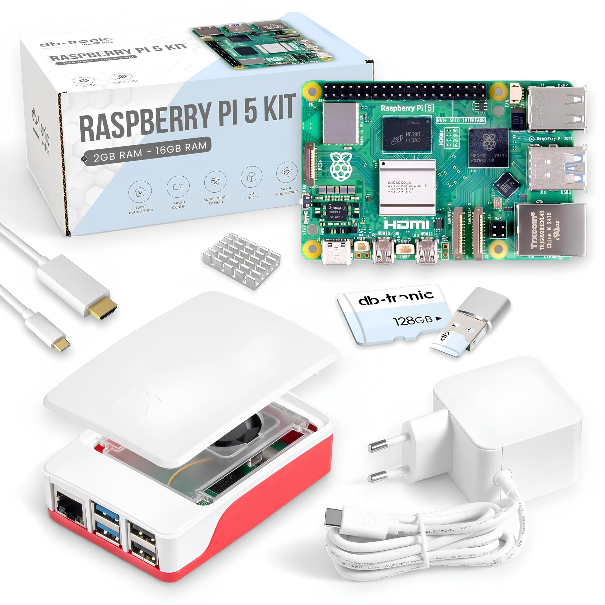 Raspberry Pi 5 8GB Starter-Kit | 128GB Edition | Offizielles 27W Netzteil | Offizielles Gehäuse mit Lüfter | 4K Micro HDMI Kabel 1m | Alu-Kühlkörper 8GB RAM