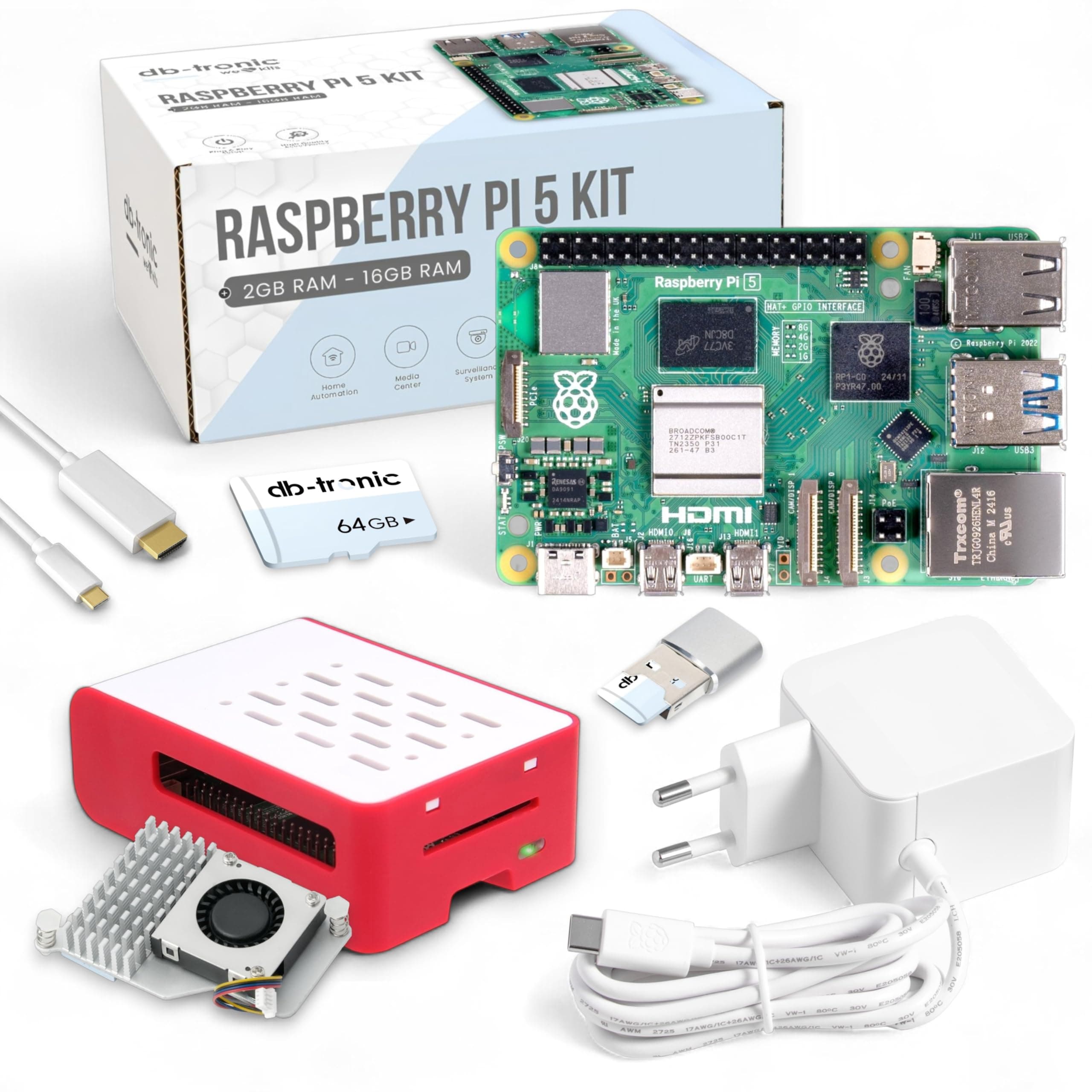 Raspberry Pi 5 8GB Cooler-Kit | 64GB Edition | Offizielles Netzteil 27W | Airflow Gehäuse | Active Cooler | Micro HDMI Kabel 1m 8GB RAM