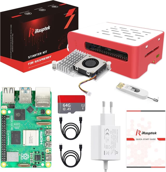 iRasptek Raspberry Pi 5 8GB Starter Kit - 64GB Edition von OS-Bookworm vorinstalliert (Rote und weiße Gehäuse) 8 GB 64 GB