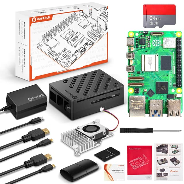 RasTech Raspberry Pi 5 16GB Kit 64GB Edition mit Active Cooler, 27W 5.1V5A USB-C Netzteil, Pi 5 16GB Board, 64GB Kartenleser Kit, Pi 5 Gehäuse, Dual 4K HD Out Kabel und Benutzerhandbuch