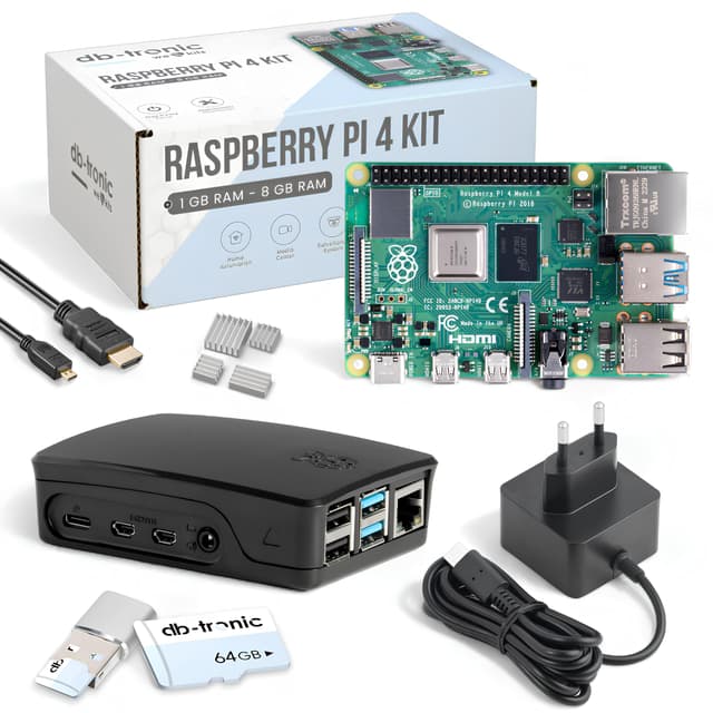 Raspberry Pi 4 4GB Starter-Kit Black | 64GB Edition | Offizielles Netzteil 15W | Offizielles Gehäuse | 4k Micro HDMI Kabel | Kühlkörper Set | USB-Kartenleser 4GB RAM