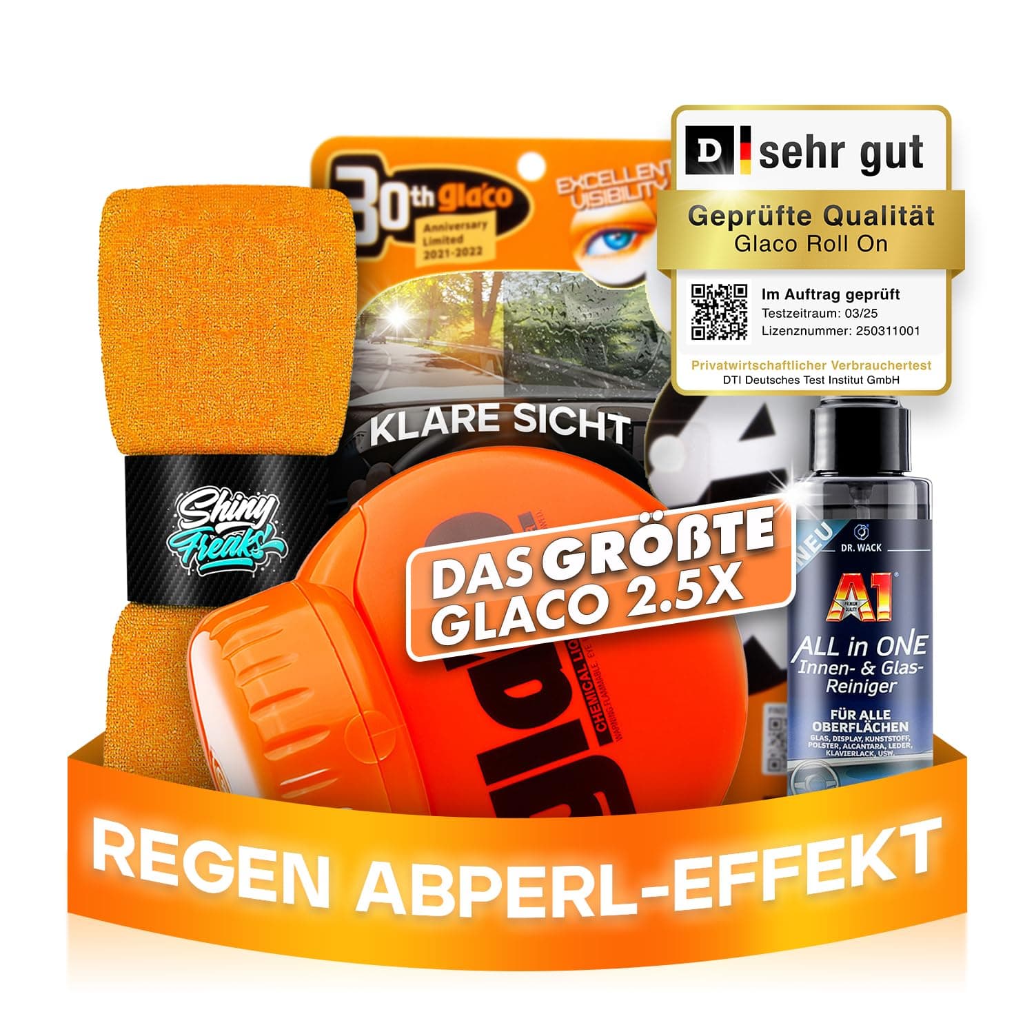 Auto Scheibenversiegelung Set: Soft99 Glaco Roll On Max (300ml) + Glasreiniger (100ml) Glas Versiegelung + Shiny Freaks Microfasertuch,Regenabweiser Autoscheiben,Autoscheiben Versiegelung