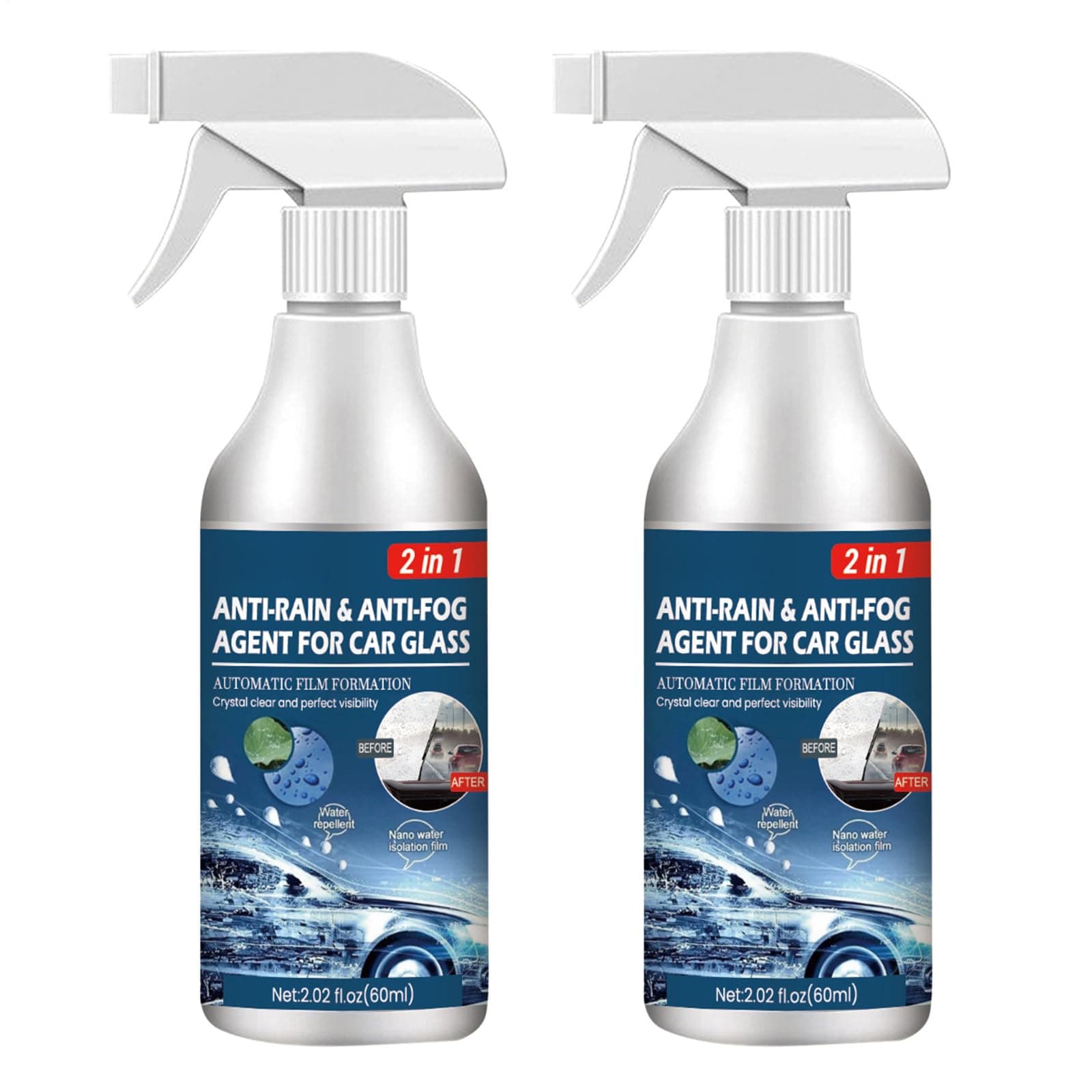 60ML Anti Fog Rain Spray - 1/2/3/5 Stück Mehrzweck Anti Beschlag und Regen Spray für Autofenster, Windschutzscheibe, Spiegel, Schwimmbrille, Autoglas, Antibeschlagspray Auto Antibeschlag Spray 2 Stück