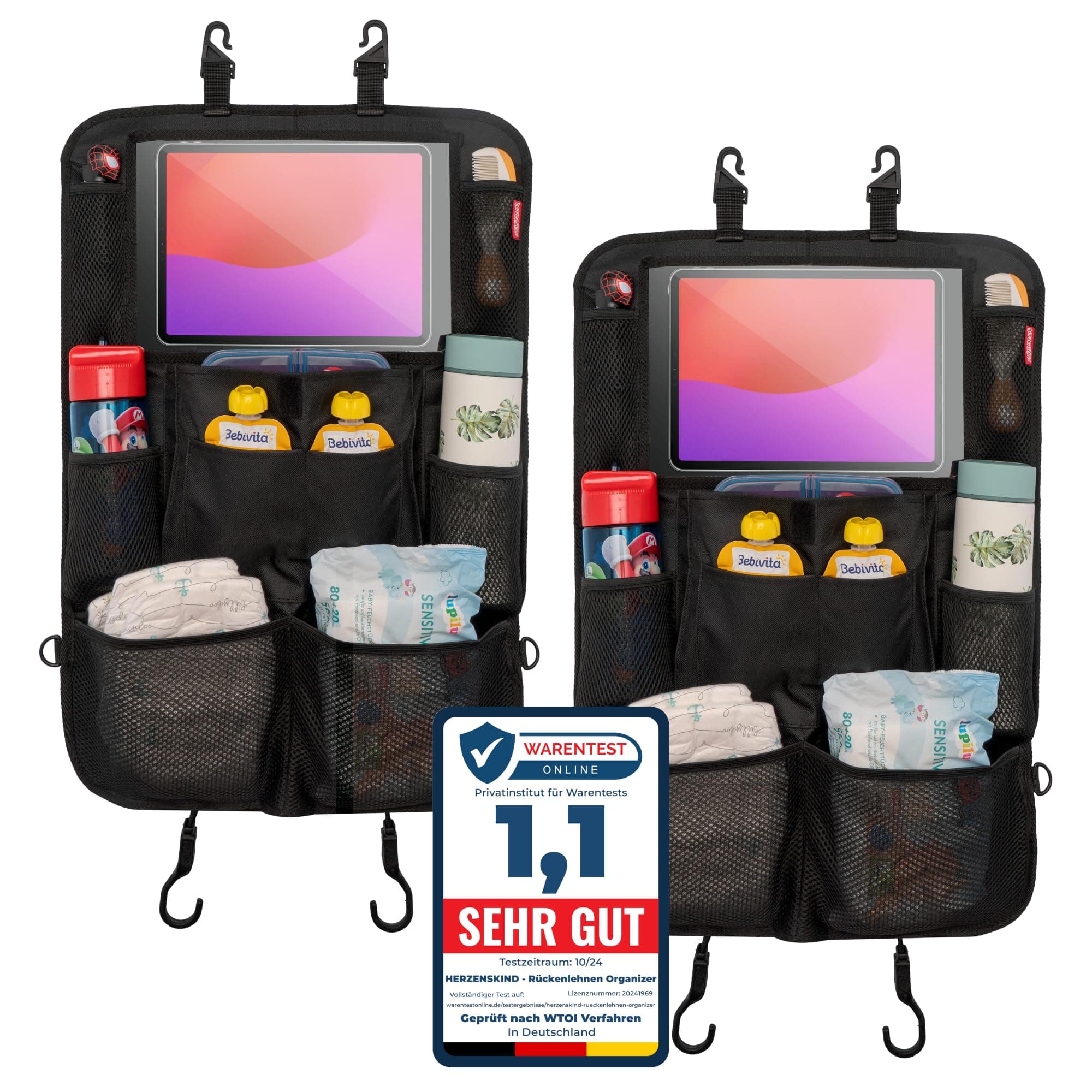 HerzensKind Rückenlehnenschutz und Organizer. Auto Organizer mit extra großem 13" Tabletfach und 9 Taschen. Sitzschoner mit Tablethalter für Autofahrten mit Kindern.(2 Stück) Schwarz 2-stück Angebot bei HelloDeals