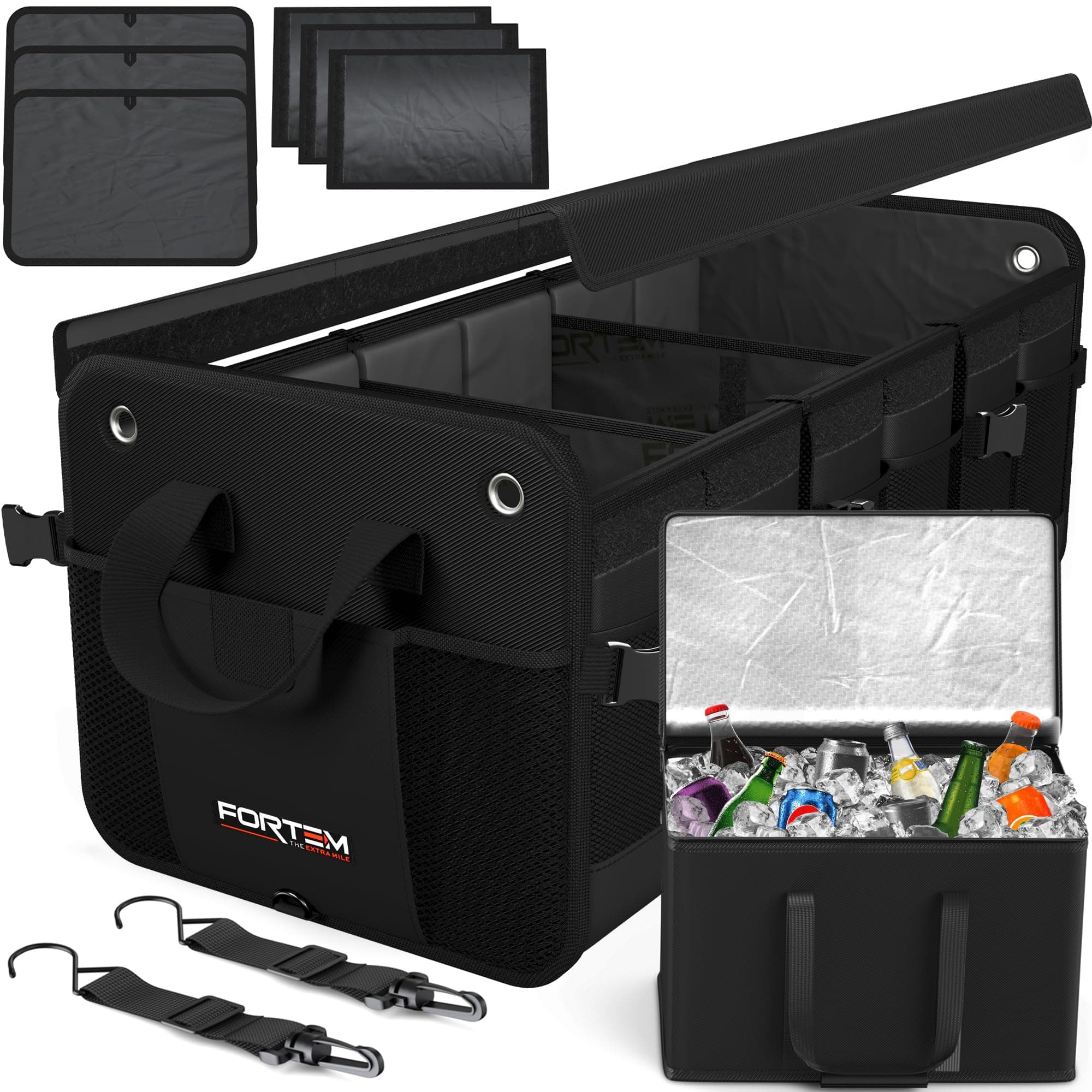 FORTEM Kofferraum Organizer, Kofferraumtasche, Zusammenklappbarer Auto Organizer Kofferraum mit Fächern, Rutschfester Boden, Verstellbare Sicherungsriemen, Klappbarer Deckel (Extragroß mit Kühler) Extragroß mit Kühler Schwarz Angebot bei HelloDeals
