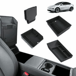 [4 Stück] GAFAT Neu Tesla Model Y Juniper 2025 2026 Mittelkonsole Aufbewahrungsbox-Set, 2 Organizer aus Flockung, 1 Organizer Unter der Mittelkonsole aus TPE-Weichgummi, 1 Versteckte Box Armlehne+Mittelkonsole+Versteckte [4 Stk.]