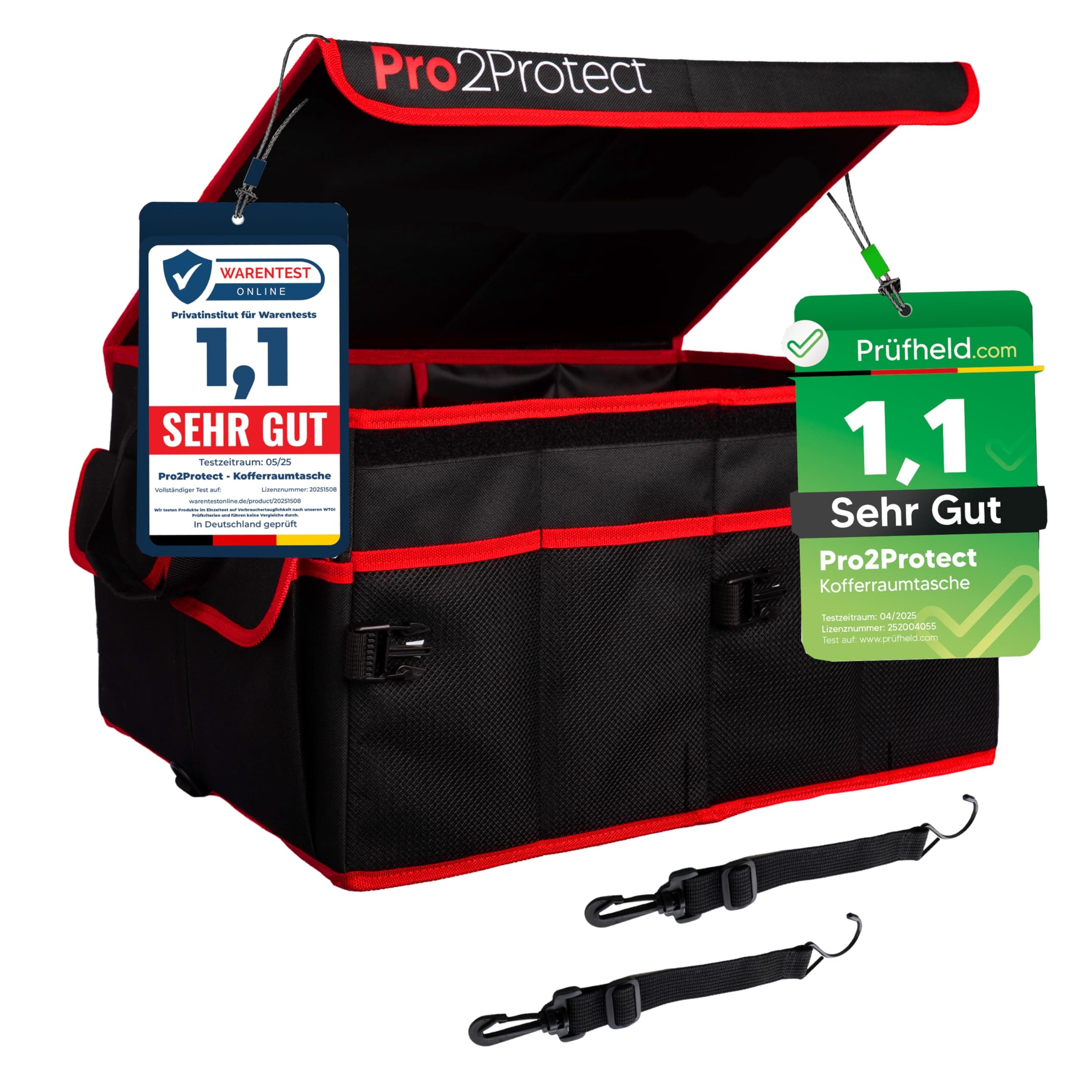 Pro2Protect PREMIUM [ 2x Test SEHR GUT Kofferraum Organizer Auto Zubehör Innenraum | 51x36x27Cm | Kofferraumtasche XXL | Faltbox WASSERDICHT | Autotasche Box | Geschenke für Frauen und Männer Schwarz Rot Angebot bei HelloDeals
