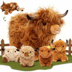 OUOZZZ 5 Stück Hochlandrind Kuh Kuscheltier Set, Weich Hochlandrind Plüschtier mit 4 Baby Stofftiere im Bauch - Baby Geburtstagsgeschenk für Mädchen Jungen Kinder Angebot bei HelloDeals