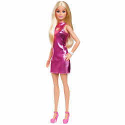 Barbie Fashionistas-Puppe Nr. 230 mit blondem Haar, rosa Metallic-Minikleid mit Herz-Aussparung, weißem Armband und High Heels, HYT88 Metallisch Pink Angebot bei HelloDeals
