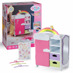 Baby Born Regenbogenschrank - Aufbewahrung für Puppenkleidung - Mit leuchtendem Regenbogen & fröhlichen Sounds - Hochwertiges Puppen Zubehör inkl. Schuhbladen, Kleiderbügel & Stickern Angebot bei HelloDeals
