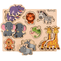 PikatoyZ® Steckspiel ab 1 Jahr, 2 und 3 Jahre – Montessori Holzpuzzle für Jungen und Mädchen Kinder – Holzspielzeug mit Dschungeltieren Angebot bei HelloDeals