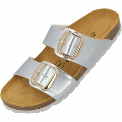 Palado Pantoletten Damen Samos GS - bequeme Sandalen Made in Spain - Hausschuhe mit dämpfendem Kork-Fußbett - modische Sommerschuhe 36 EU Silber Lack Angebot bei HelloDeals