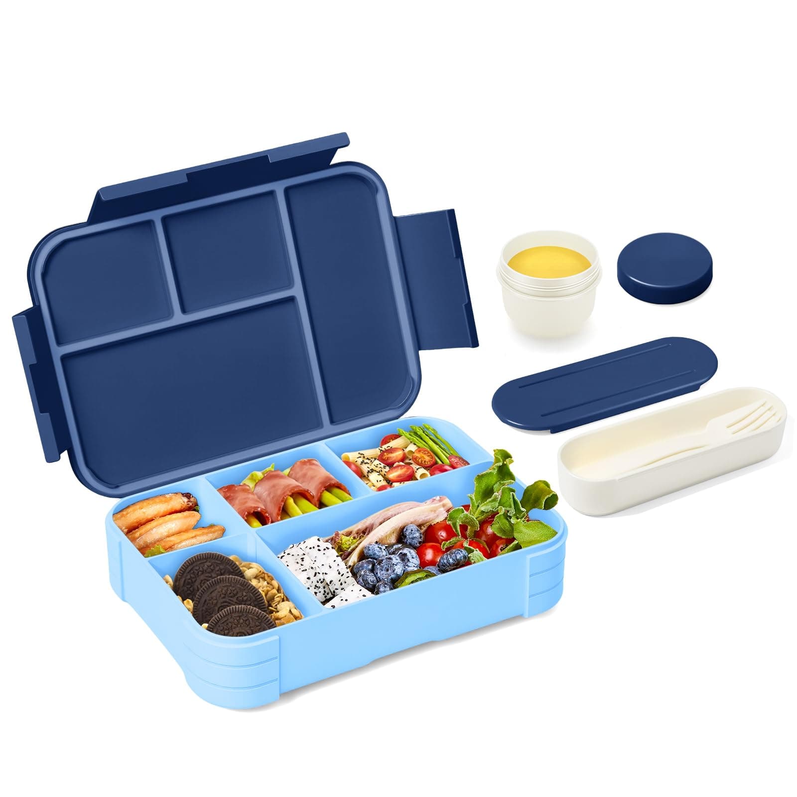 XJIANFU Brotdose Kinder mit Fächern,1200ml Auslaufsichere Bento-Box, Kinder-Lunchbox,Auslaufsicher Fächern,Jausenbox Brotbox für,Mädchen & Jungen,Mikrowelle/spülmaschinenfest (Blue)