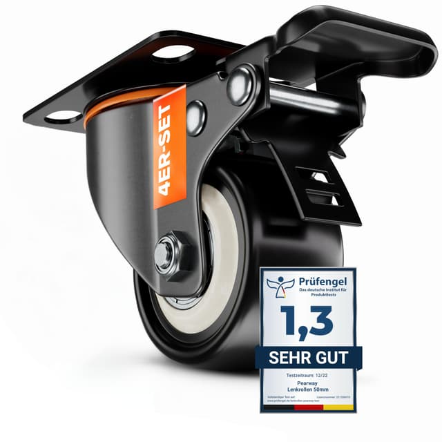 PEARWAY™ Schwerlastrollen 50mm - Tragkraft bis 320kg [4x Bremse] - extra leise & langlebig - Lenkrollen für Werkstatt, Möbel & Outdoor - Möbelrollen - Transportrollen Schwerlast - Rollen Schwerlast ohne Zubehör 1) 4x 50mm