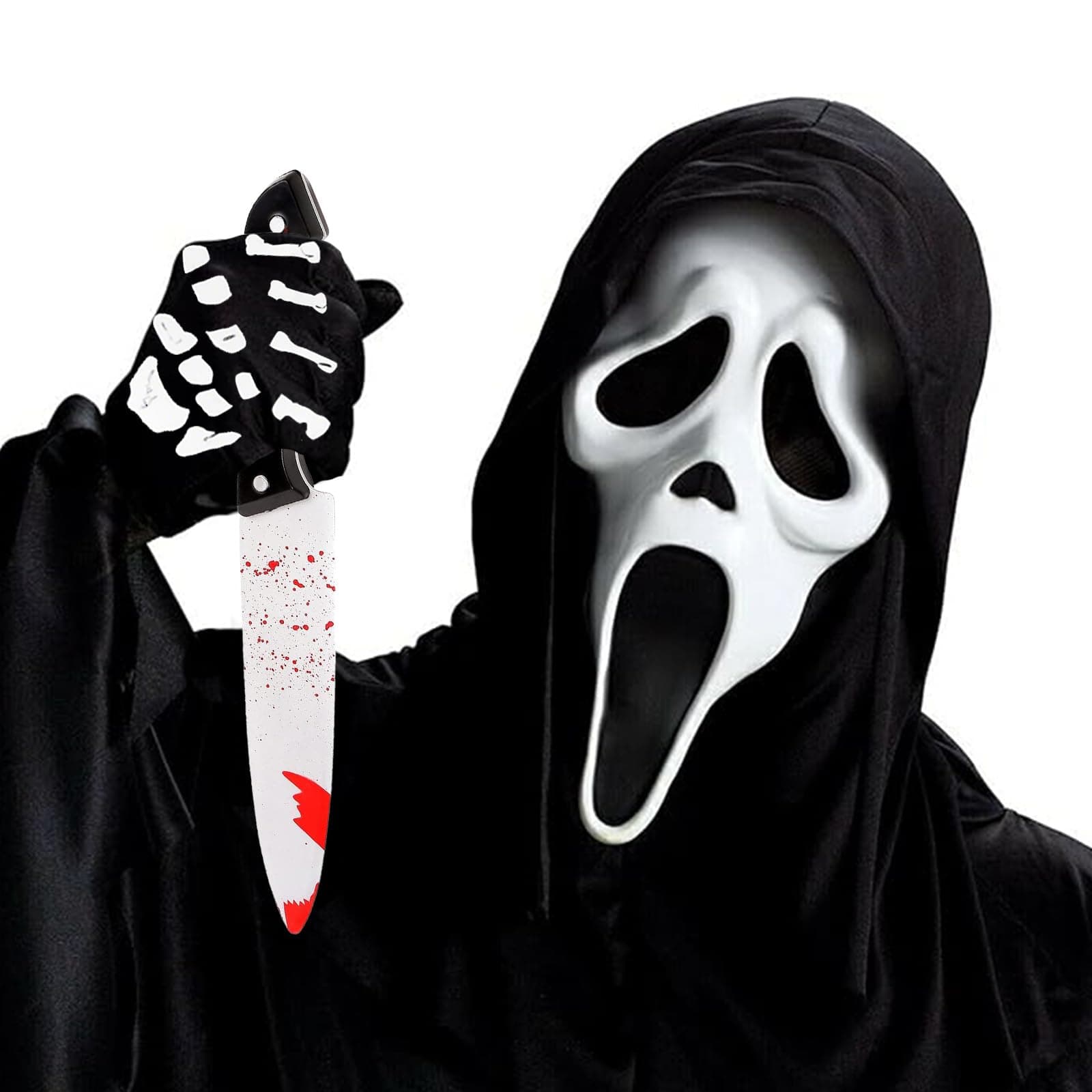 Scream Maske, Latex Halloween Ghostface Maske mit Messer und Skelett Handschuhe für Erwachsene Herren & Damen für Halloween Horror Verkleidung Cosplay Realistische Requisiten Schwarz Angebot bei HelloDeals